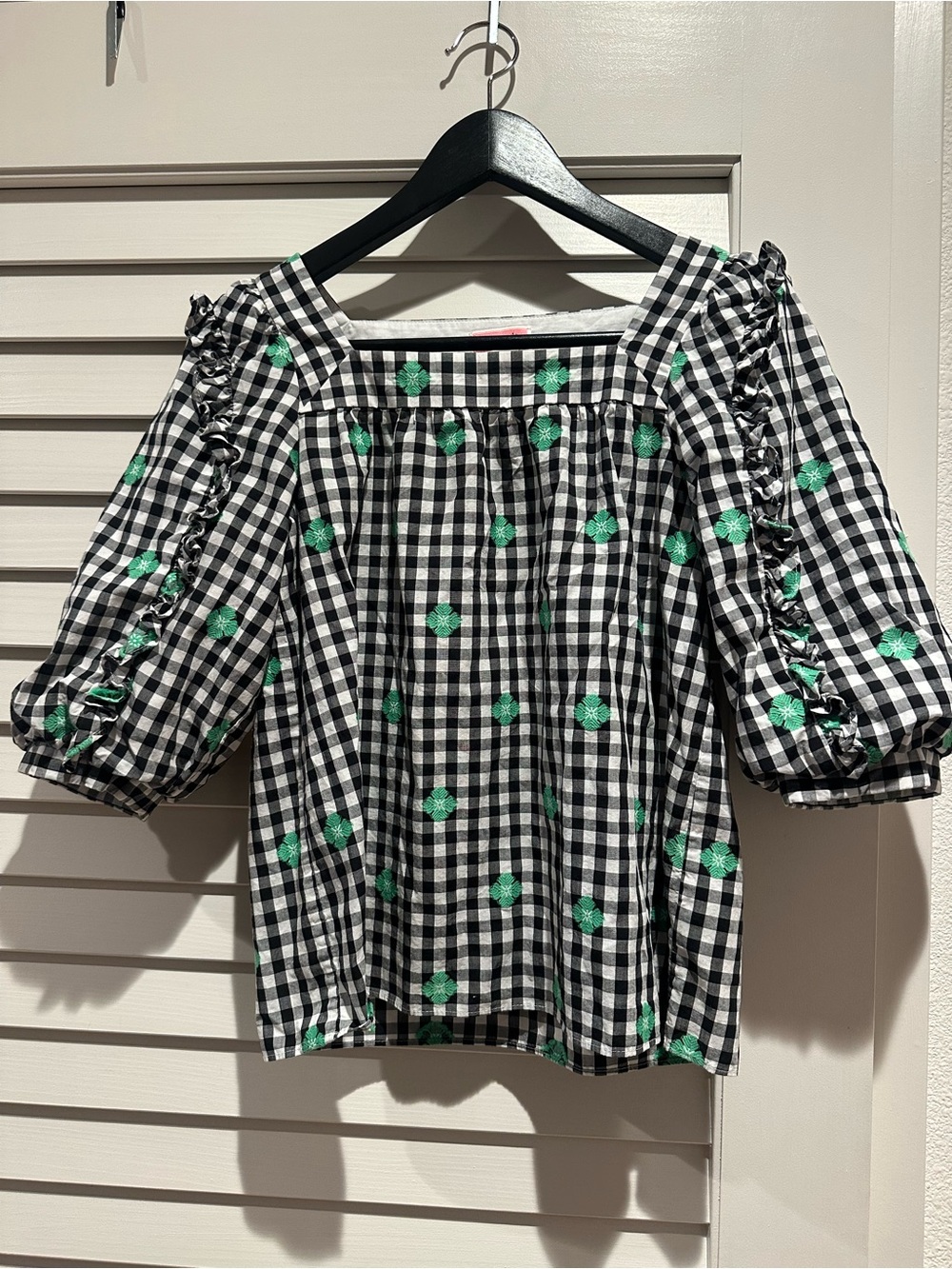 KATE SPADE BLOUSE XS BLACK SQUARE GREEN FLOWERS